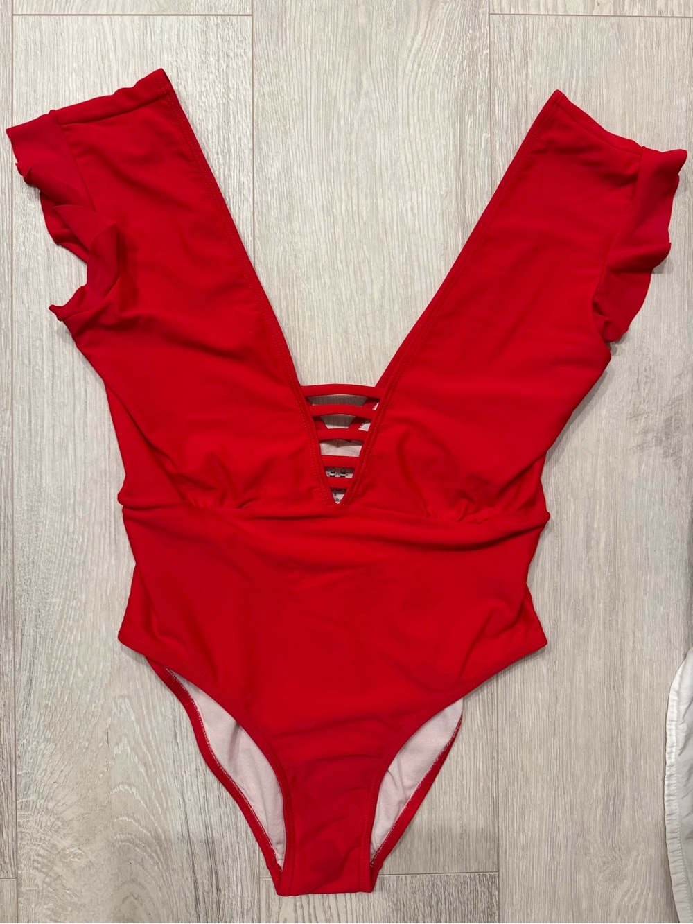 Red V-Neck One-Piece Swimsuit with Ladder Front Detail